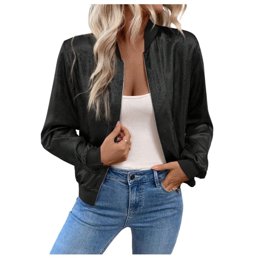 Metallic Black Bomber Jacket Women's Medium Edgy Zip-up Dark Lightweight Retro‎